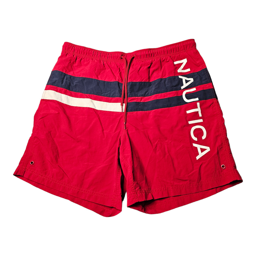 NAUTICA Shorts Mens Medium Red Swimming Navy Beach Trunks Spell‎ Out